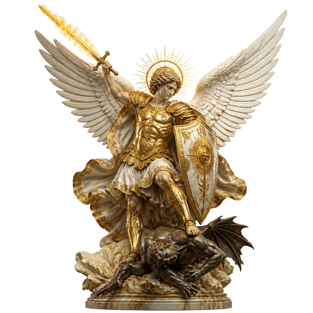 São Miguel Arcanjo com espada flamejante e escudo dourado